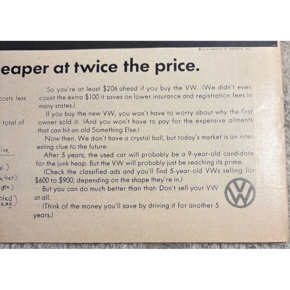 Vintage 1960s Volkswagen Advertisement VW Cheaper at Twice the Price - Picture 4 of 10